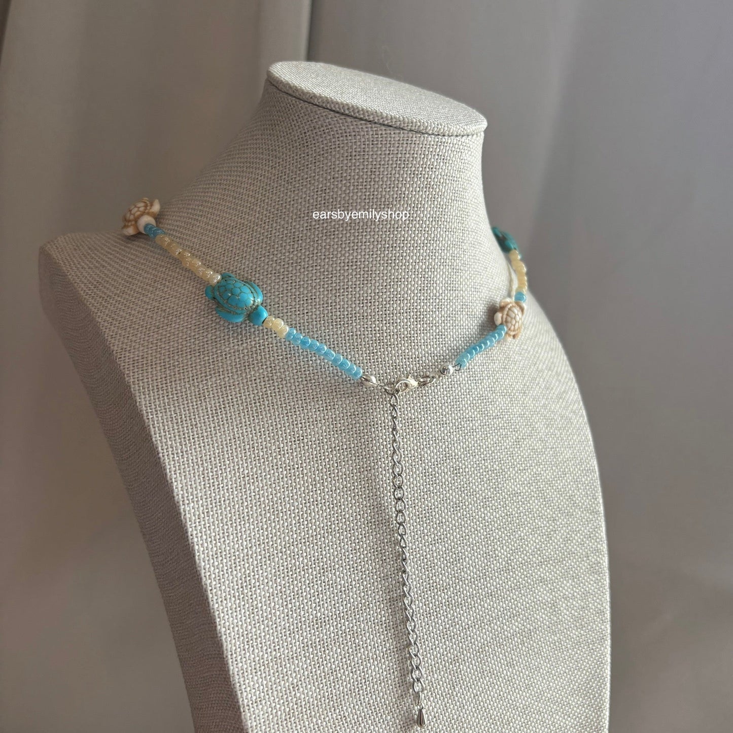 Cool quirky handmade blue and cream beaded beach ocean turtle necklace
