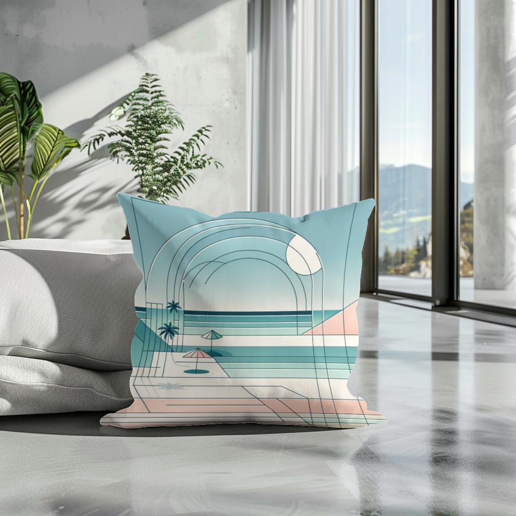 Pastel Shores: A Geometric Seaside Cotton Cushion
