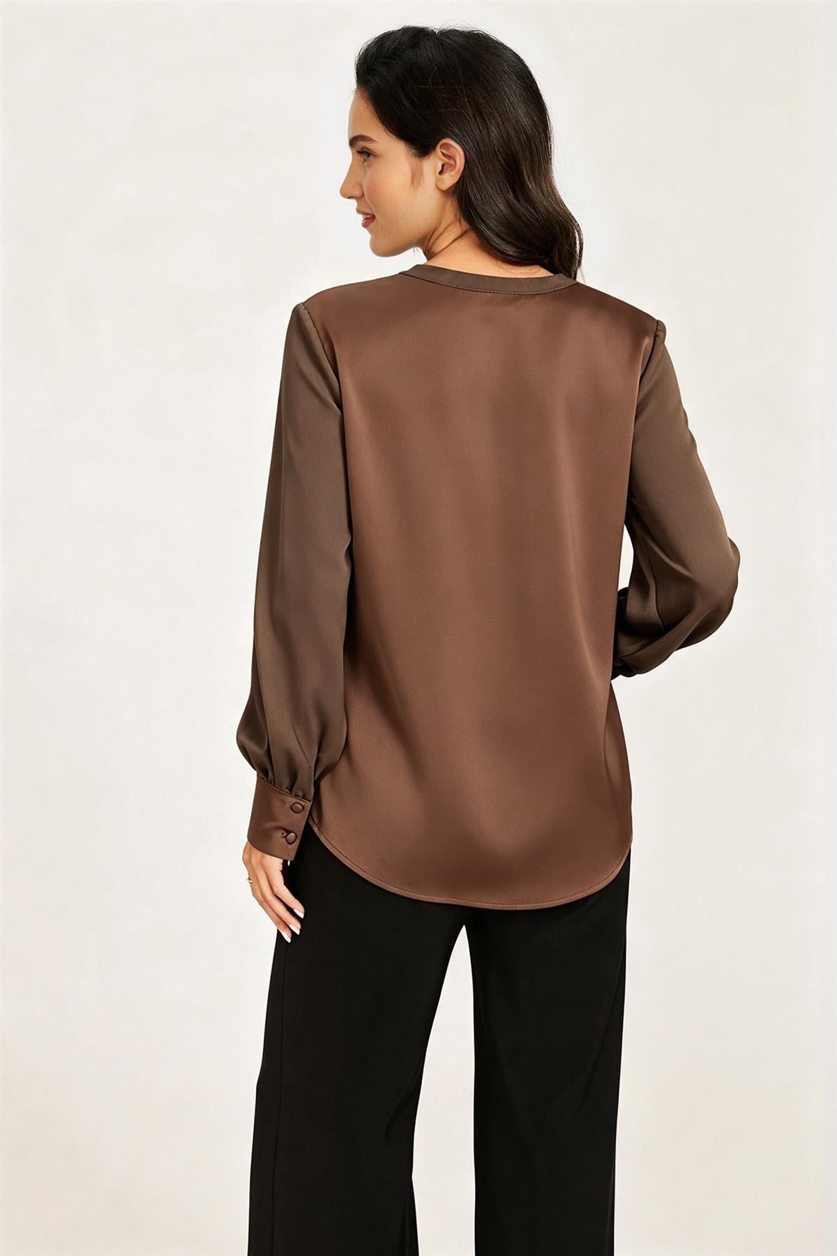 Long Sheer Sleeve Satin Notch Neck Blouse Top In Brown