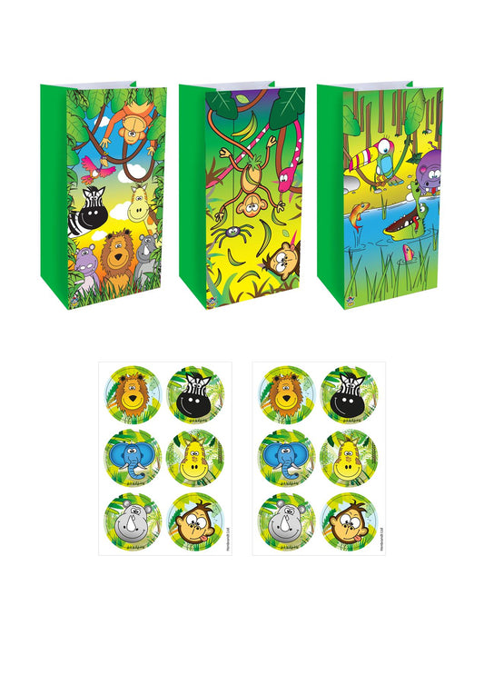 Jungle Animal Paper Party Bags with Stickers (3 Assorted Designs) Pack of 12