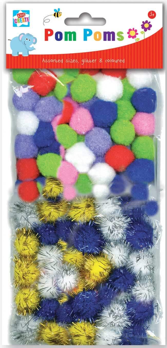 Children's Pack of 60 Pom Poms in Assorted Sizes, Colours, & Designs