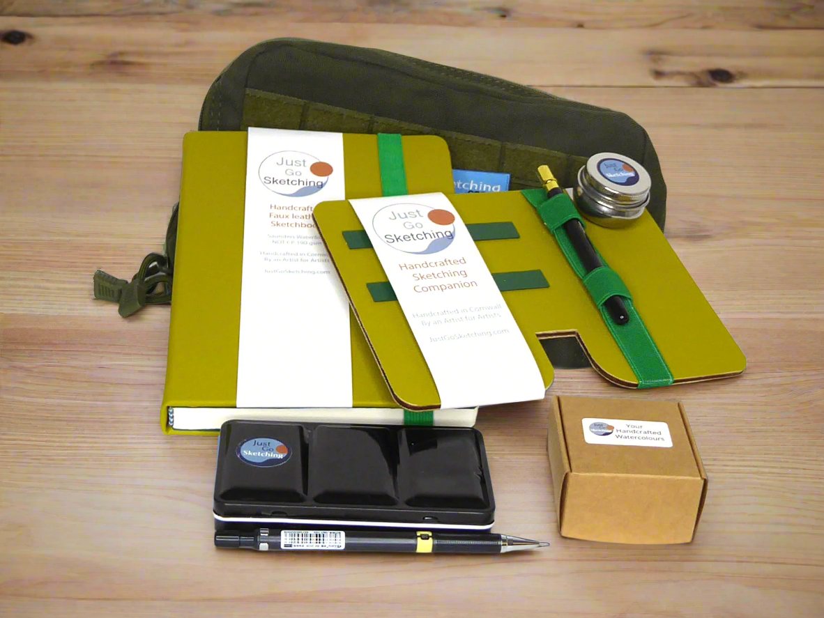 *A5 JustGoSketching Kit – 40 Pages + Companion Board + 12 Handcrafted Watercolours (Half Pans)