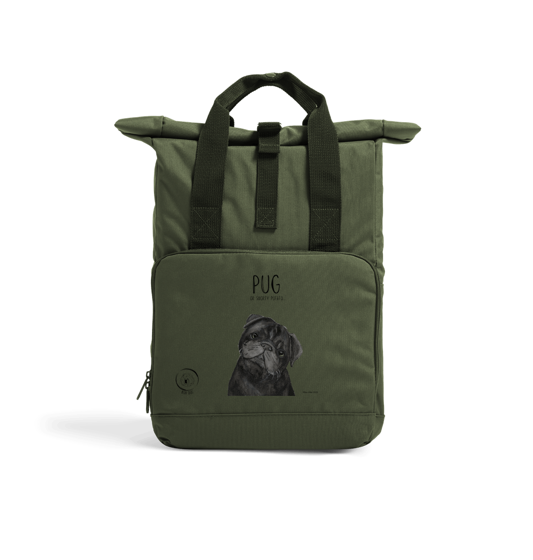 "Pug or Snorty Potato?" Ethical Backpack for Pug Lovers! Black Pug Version