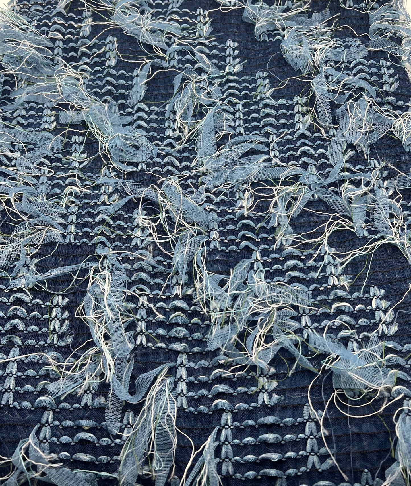 Blue Mix Textured Mesh Tassel Fabric 2 Way Stretch