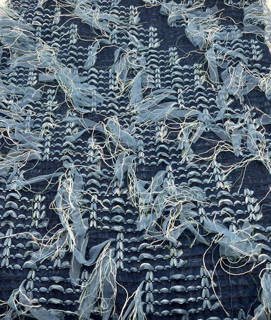 Blue Mix Textured Mesh Tassel Fabric 2 Way Stretch