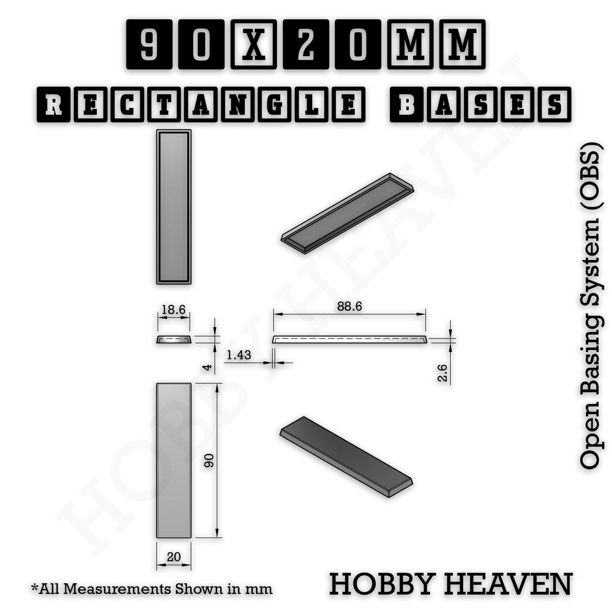Rectangle Bases Medium Sizes - 75x30mm to 125x40mm and up to 100x90mm Wide - 3D Print Tabletop Games
