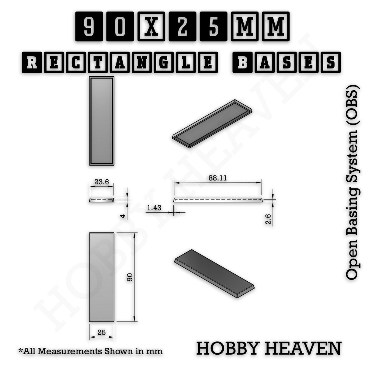 Rectangle Bases Medium Sizes - 75x30mm to 125x40mm and up to 100x90mm Wide - 3D Print Tabletop Games