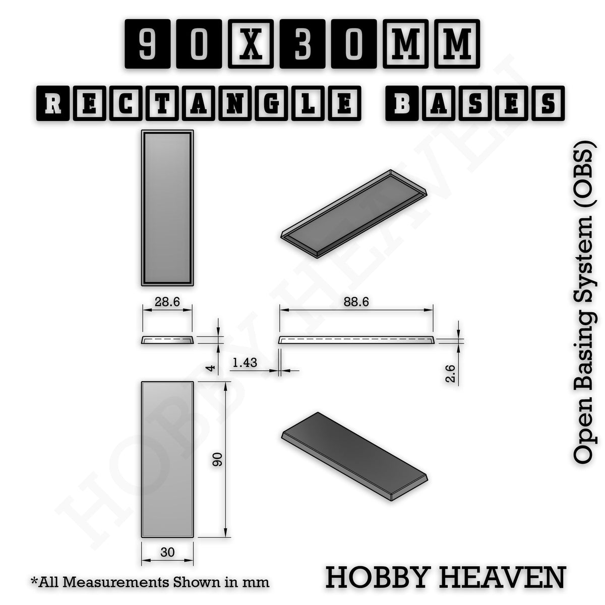 Rectangle Bases Medium Sizes - 75x30mm to 125x40mm and up to 100x90mm Wide - 3D Print Tabletop Games