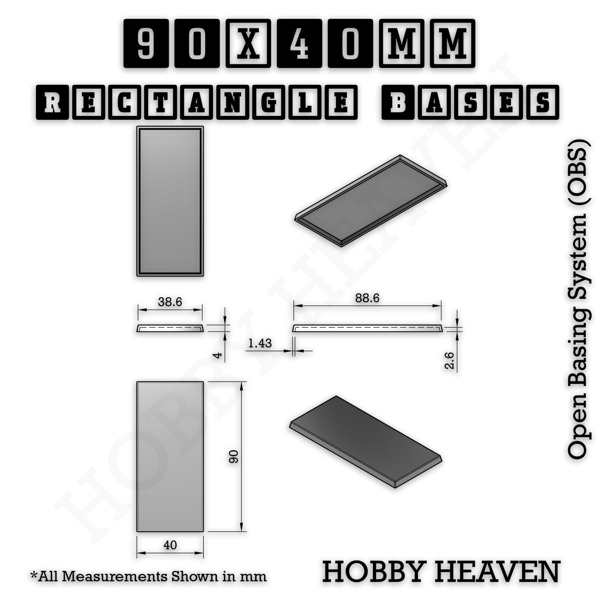 Rectangle Bases Medium Sizes - 75x30mm to 125x40mm and up to 100x90mm Wide - 3D Print Tabletop Games