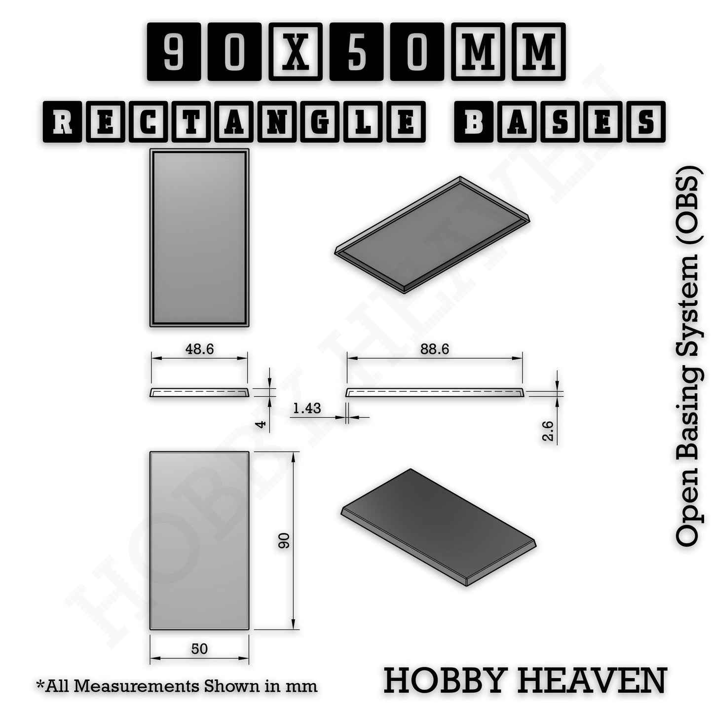 Rectangle Bases Medium Sizes - 75x30mm to 125x40mm and up to 100x90mm Wide - 3D Print Tabletop Games