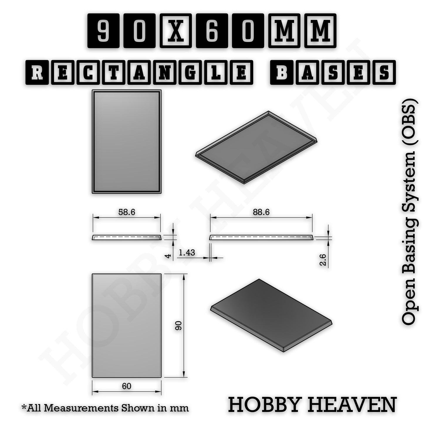 Rectangle Bases Medium Sizes - 75x30mm to 125x40mm and up to 100x90mm Wide - 3D Print Tabletop Games