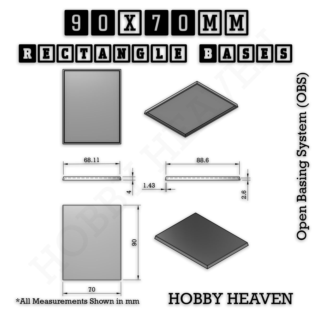 Rectangle Bases Medium Sizes - 75x30mm to 125x40mm and up to 100x90mm Wide - 3D Print Tabletop Games