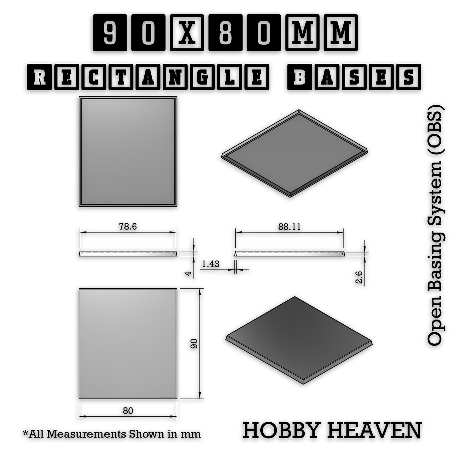 Rectangle Bases Medium Sizes - 75x30mm to 125x40mm and up to 100x90mm Wide - 3D Print Tabletop Games