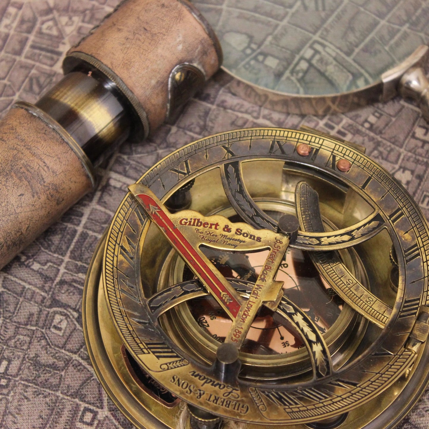 Antique Gilbert and Sons Compass Sundial Copper Dial