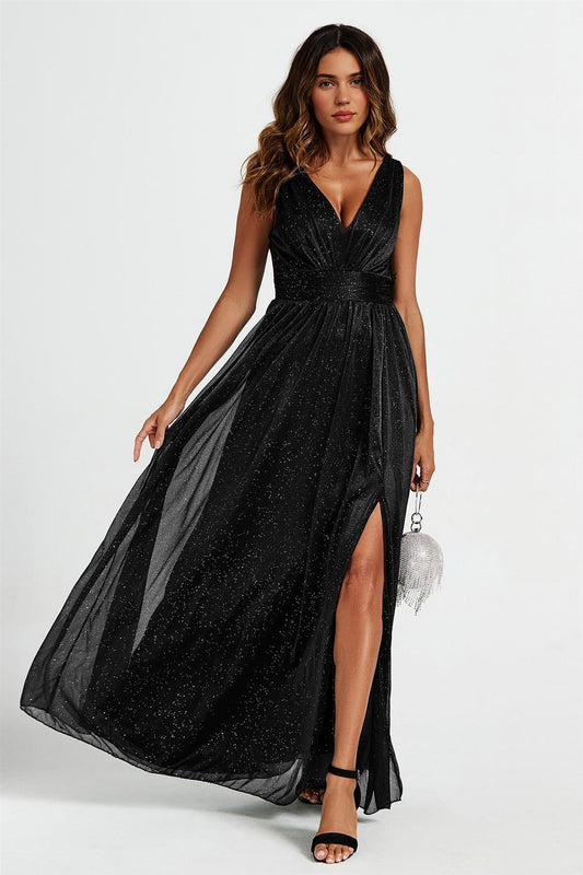 Sparkly V Neck Bridesmaid Maxi Dress In Black