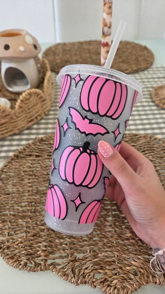 Autumn Halloween Pumpkin Bat Print Tumbler Venti Cold Cup 24oz - With Straw