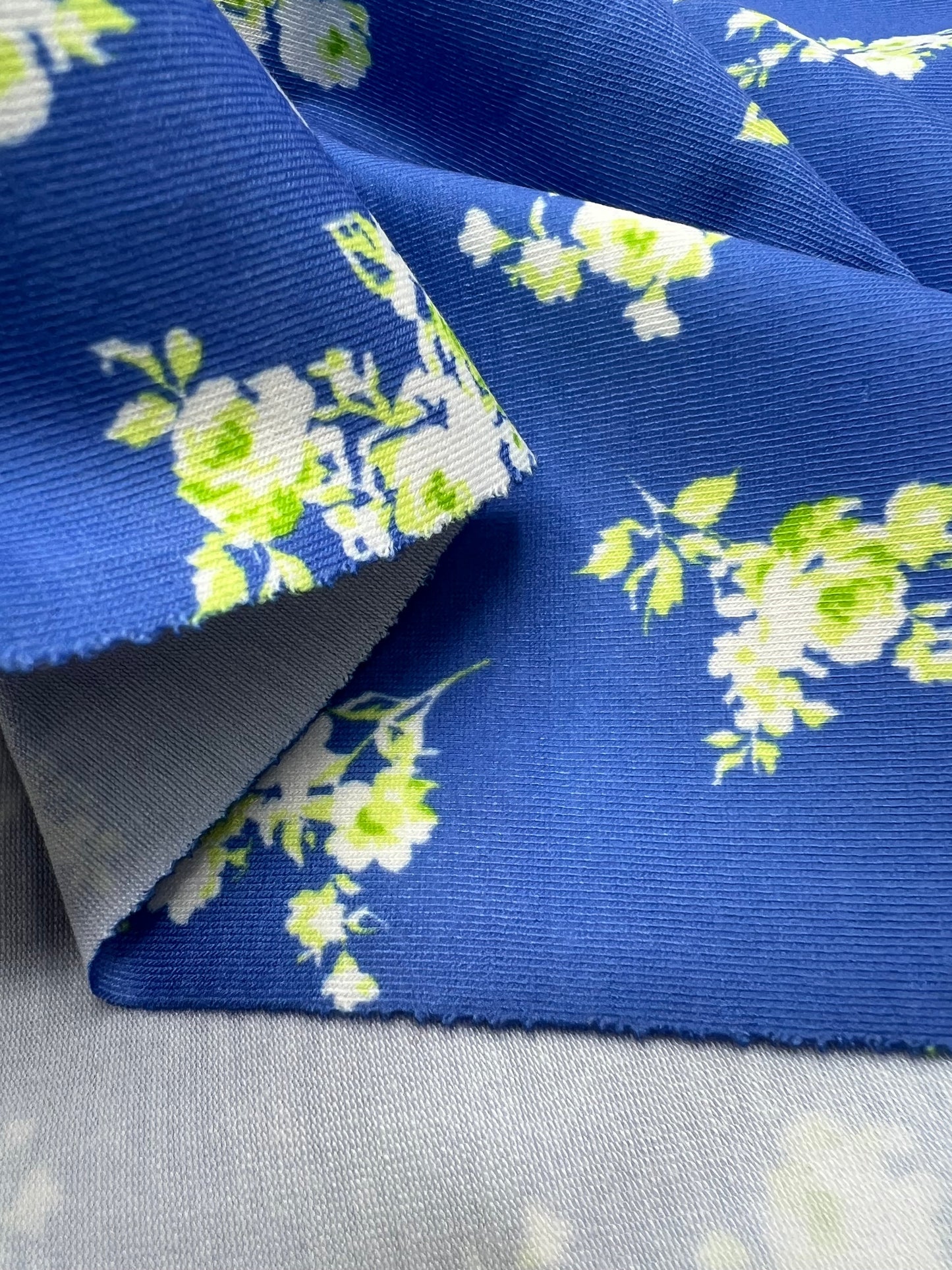 Blue Green Flower Floral Mix Print Spun Poly Stretch Fabric