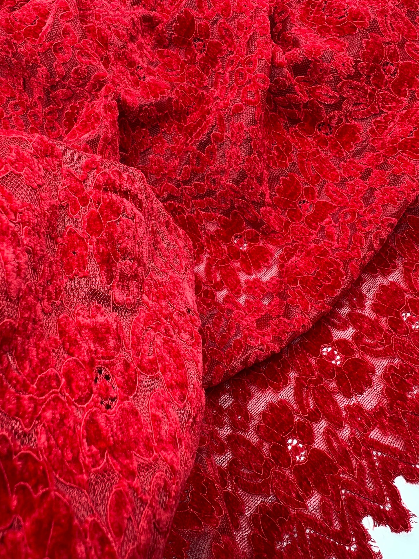 Red Embossed Textured Scalloped Edge Floral Lace Fabric Stretch