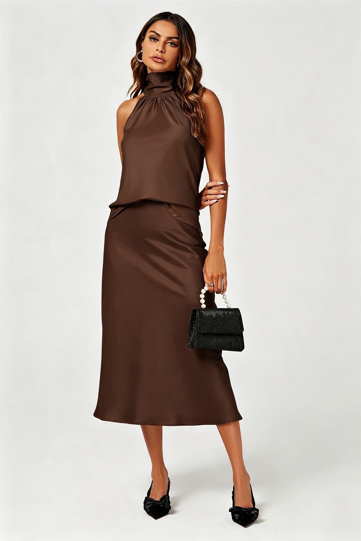 Satin Halter Neck Tie Back Top In Brown