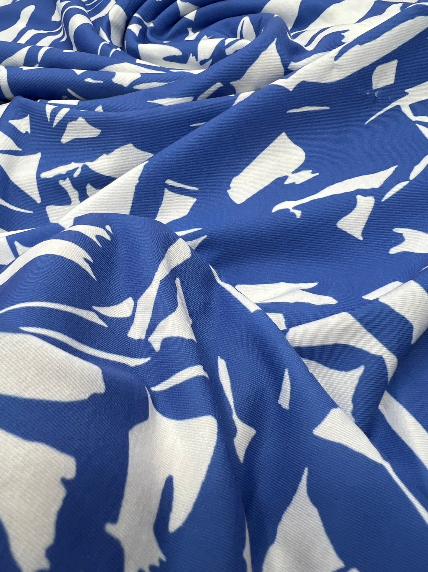 Blue White Mix Print Spun Poly Stretch Fabric
