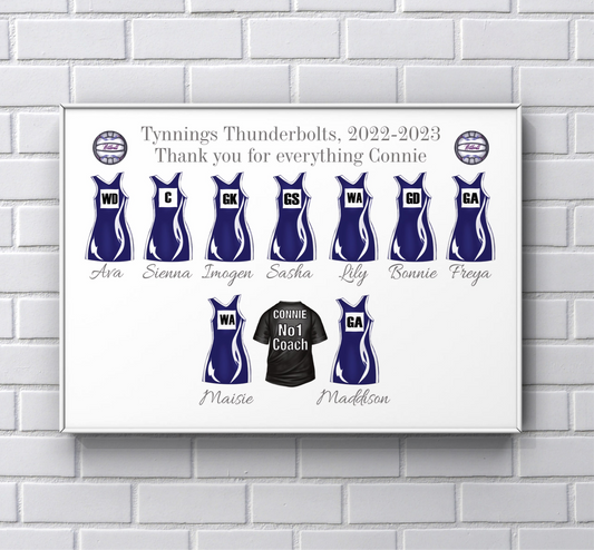 Netball coach gift personalised UNFRAMED A4 PRINT