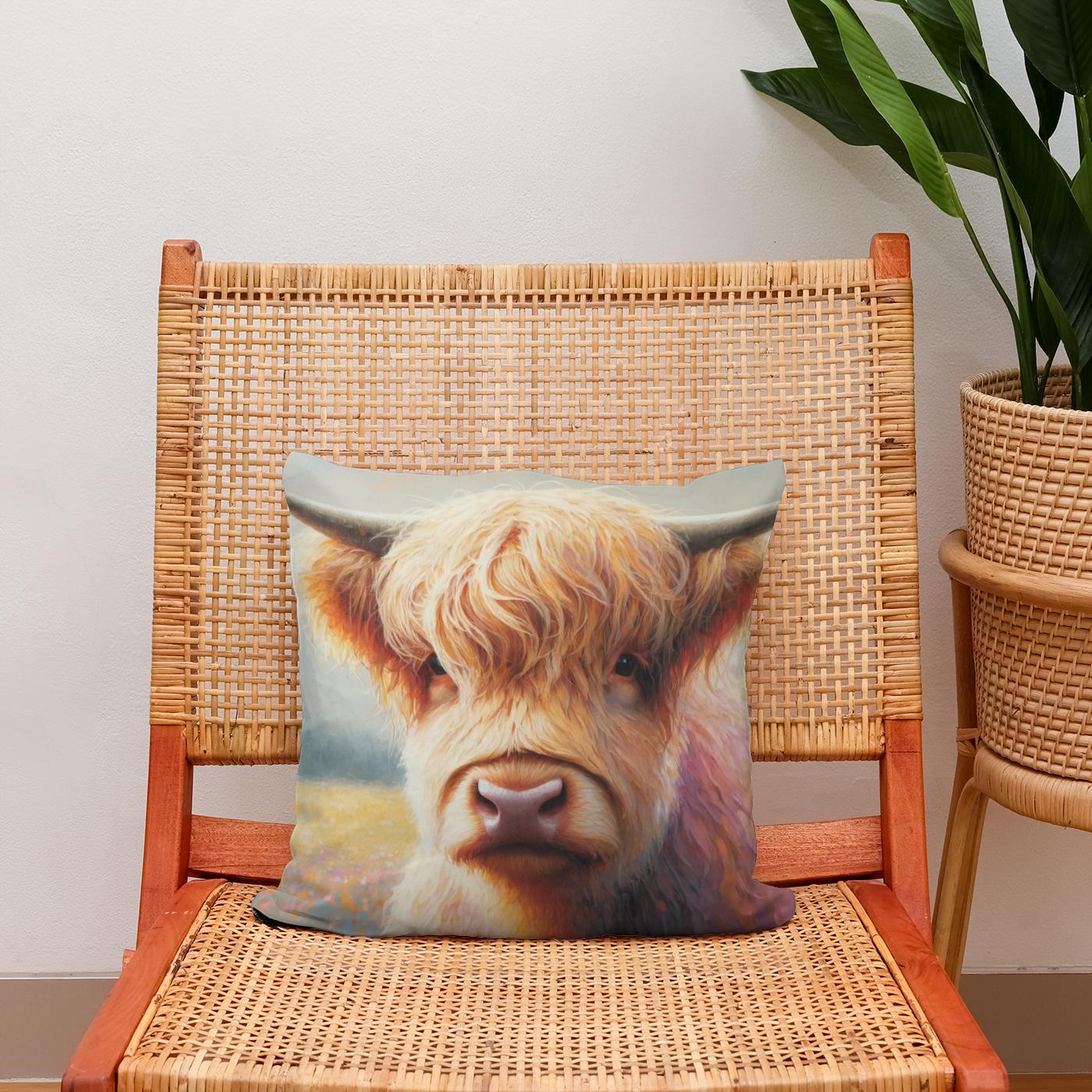 Gentle Highland Cow Gaze Cotton Cushion