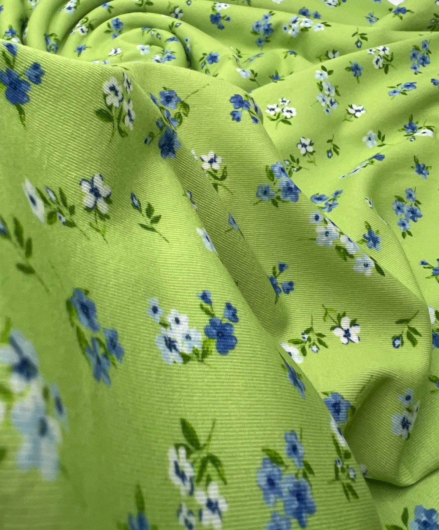 Bright Green Ditsy Floral Print Spun Poly Stretch Fabric