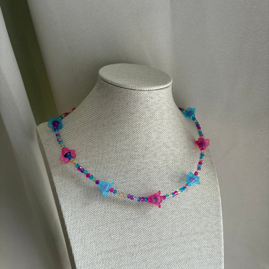 Handmade beaded pink and blue flower choker necklace