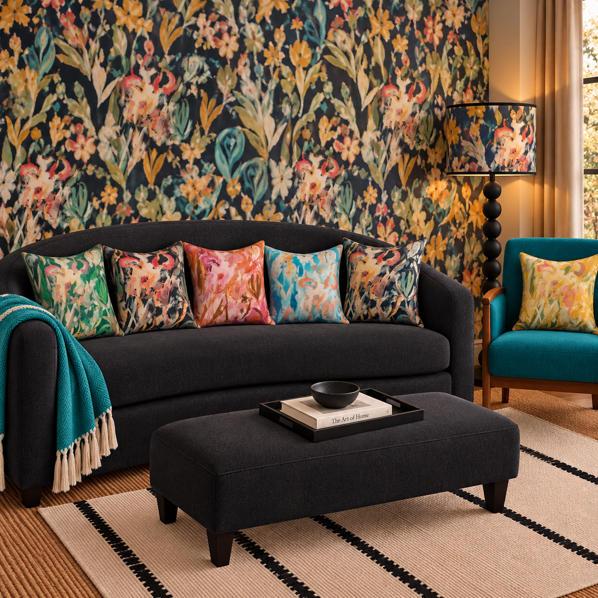 Watercolour Floral Velvet Cushion - Off black