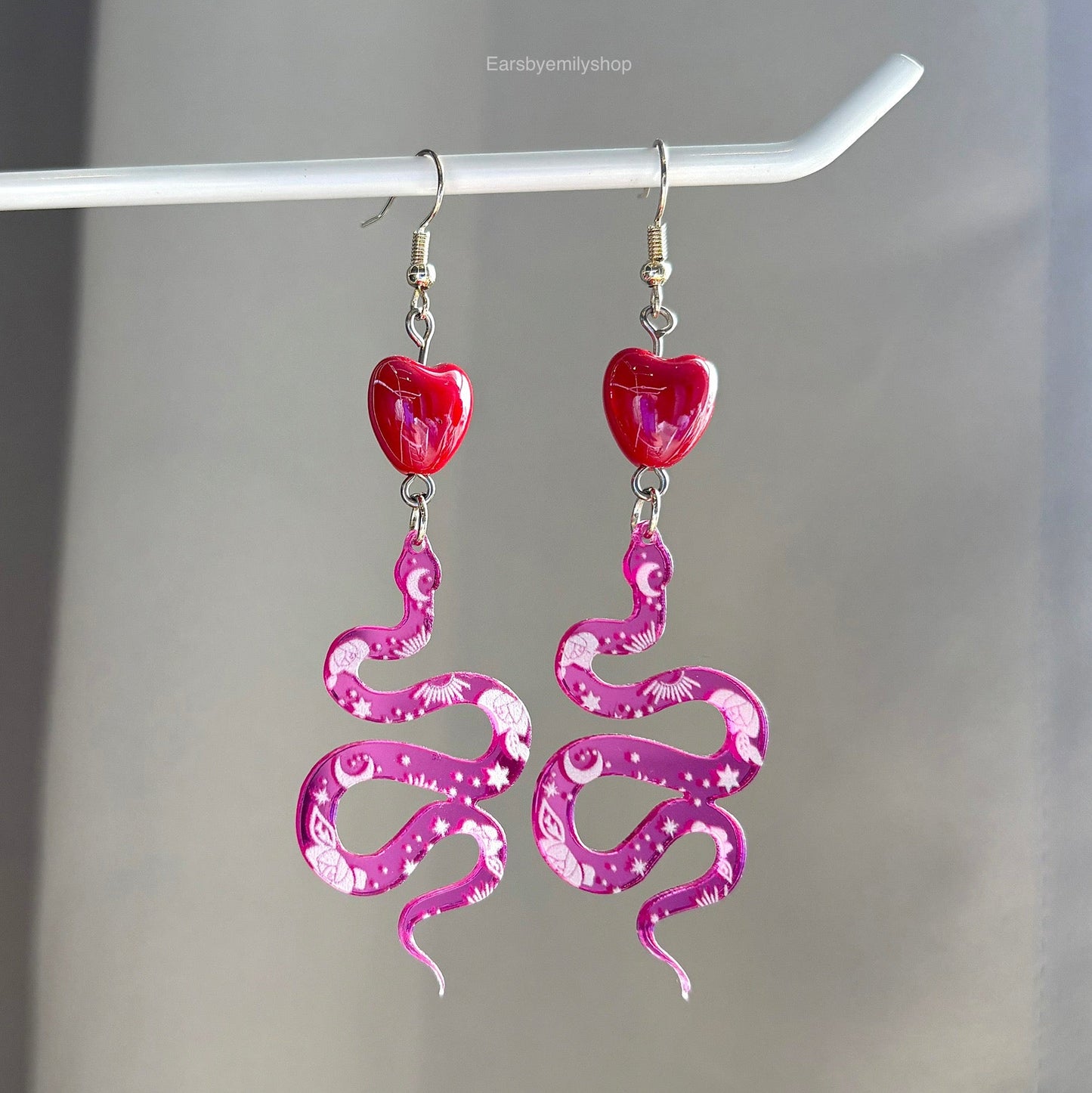 Cool quirky large statement pink acrylic snake earrings with ceramic red heart handmade drop dangle silver plated earrings