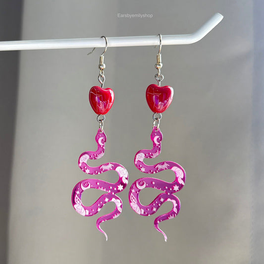 Cool quirky large statement pink acrylic snake earrings with ceramic red heart handmade drop dangle silver plated earrings