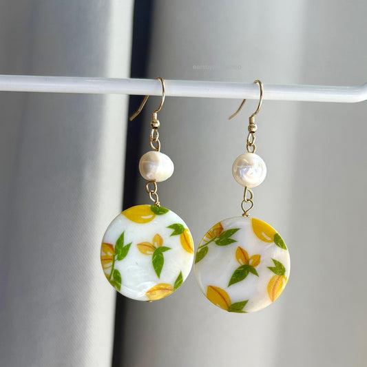 Gold filled freshwater pearl and lemon shell earrings