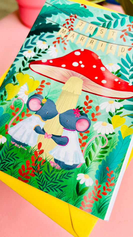 Handmade Lesbian Wedding Card- Whimsical Just Married Greetings Card