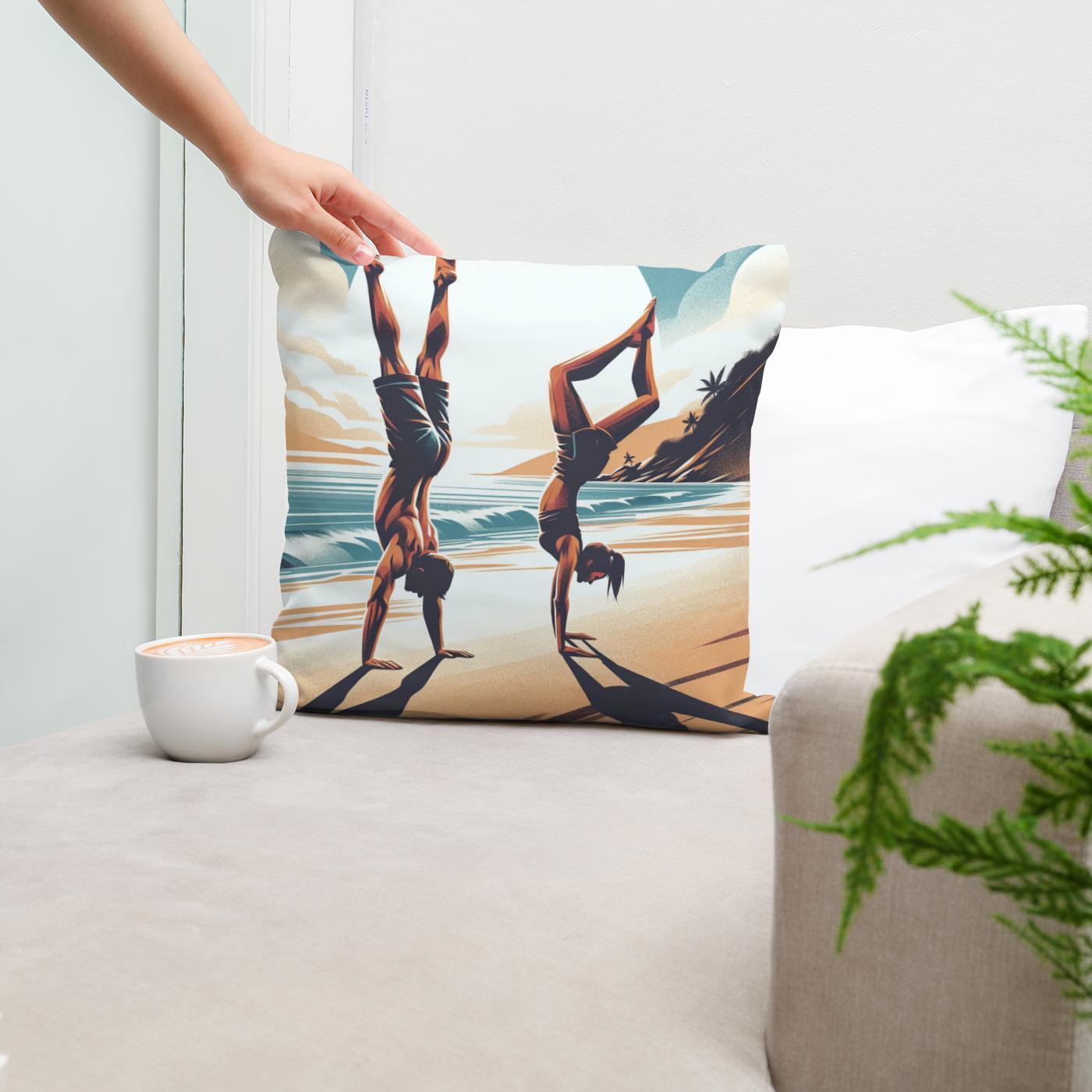 Seaside Acrobatics: Joyful Balance Cotton Cushion