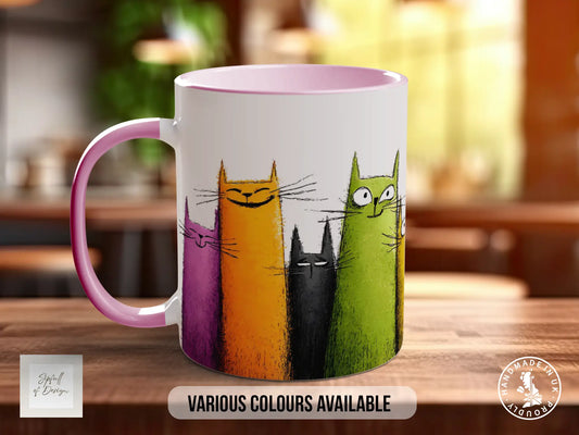 Colourful Tall Cats Mug | Cat Lover Gift | Playful Cat Art | Handmade UK