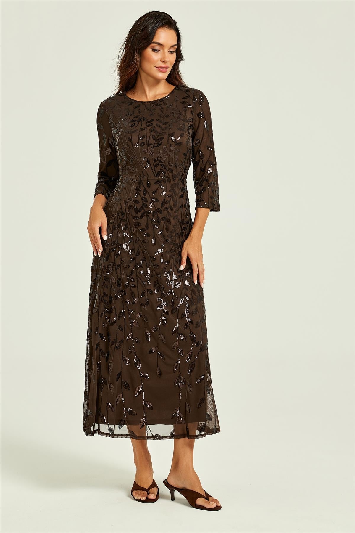 Sequin Leaf 3/4 Sleeve Bridesmaid Midi Dress In Brown
