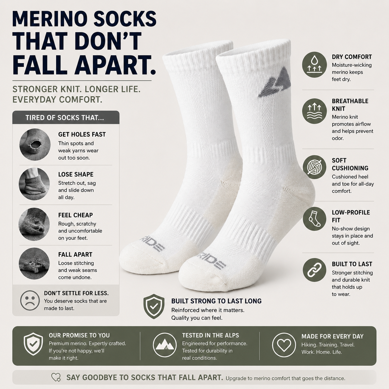 Off White Merino Wool Active Hiking Socks - Unisex