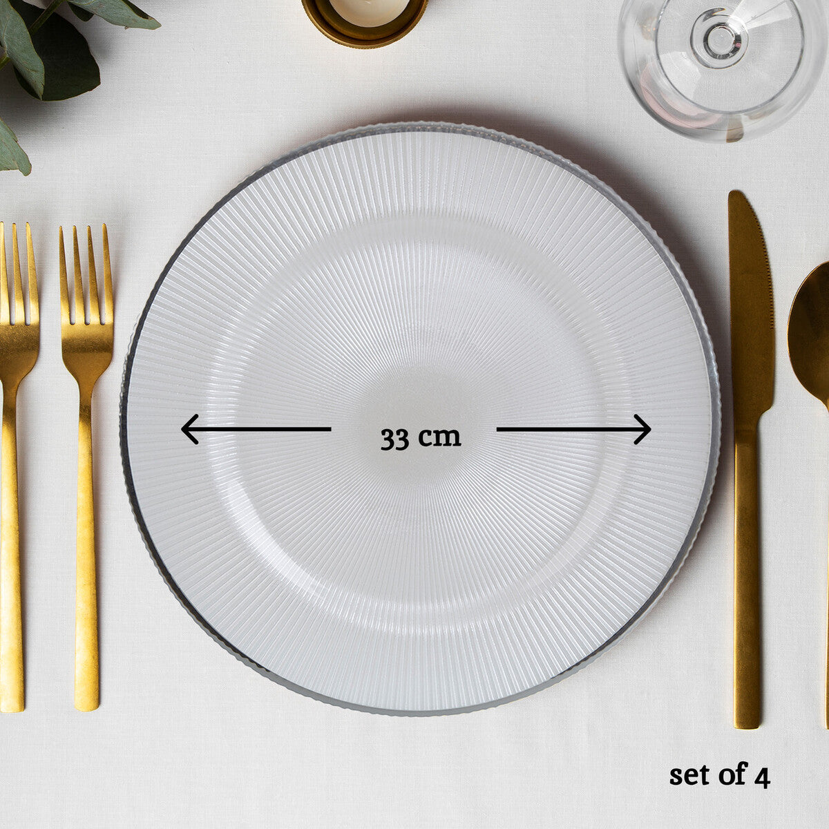 Set of Four Ida 33cm Dia Embossed White Glass Charger Plates