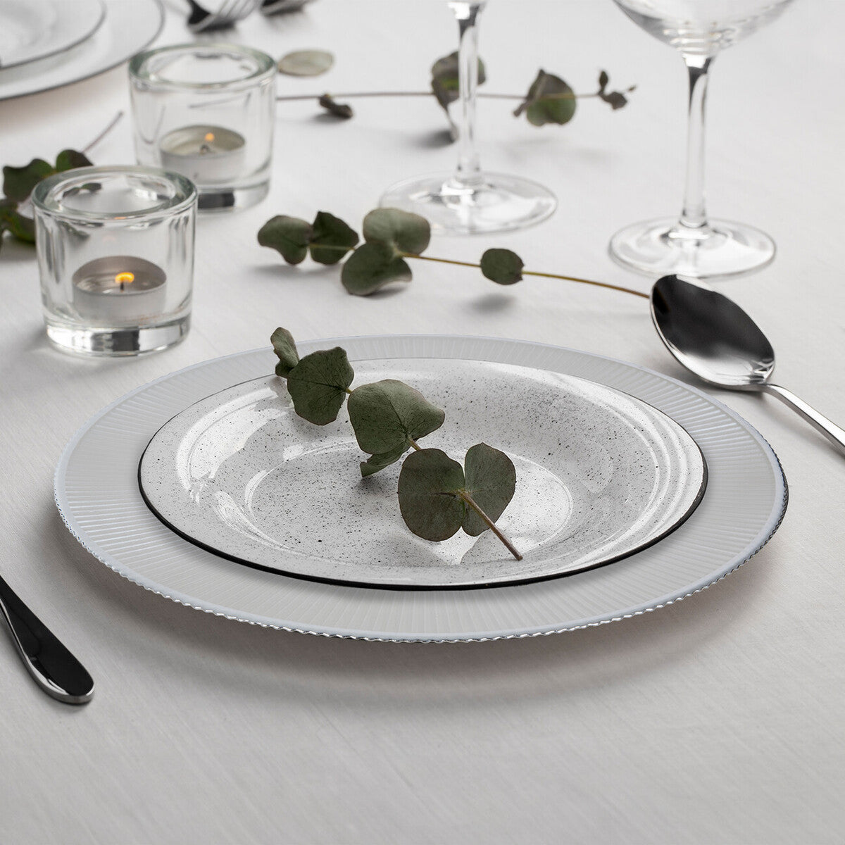 Set of Four Ida 33cm Dia Embossed White Glass Charger Plates