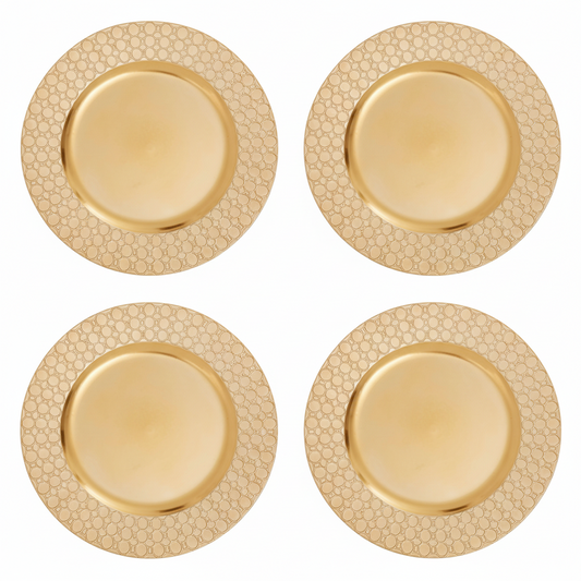 Set of Four 33cm Dia Gold Charger Plates with Octagon Pattern Rim