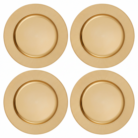 Set of Four 33cm Dia Gold Charger Plates with Ribbed Rims