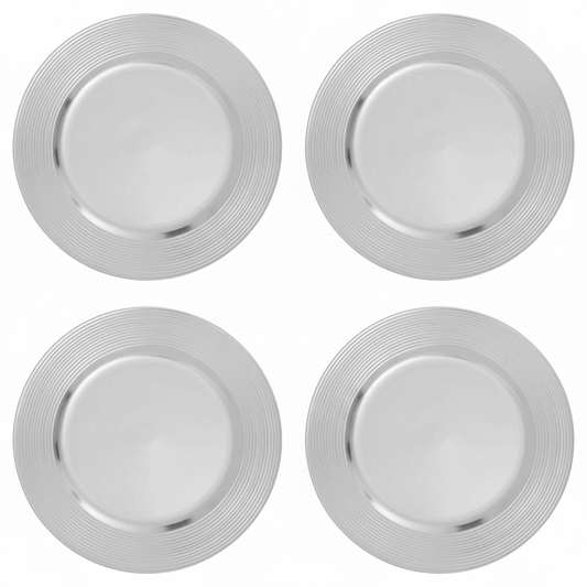 Set of Four 33cm Dia Silver Charger Plates with Ribbed Rims