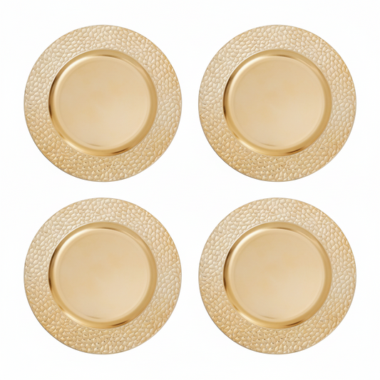 Set of Four 33cm Dia Gold Charger Plates with Hammered Rims