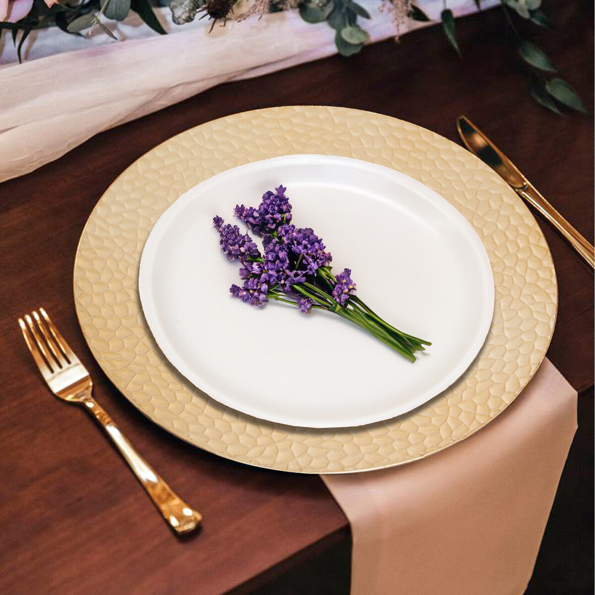 Set of Four 33cm Dia Gold Charger Plates with Hammered Rims