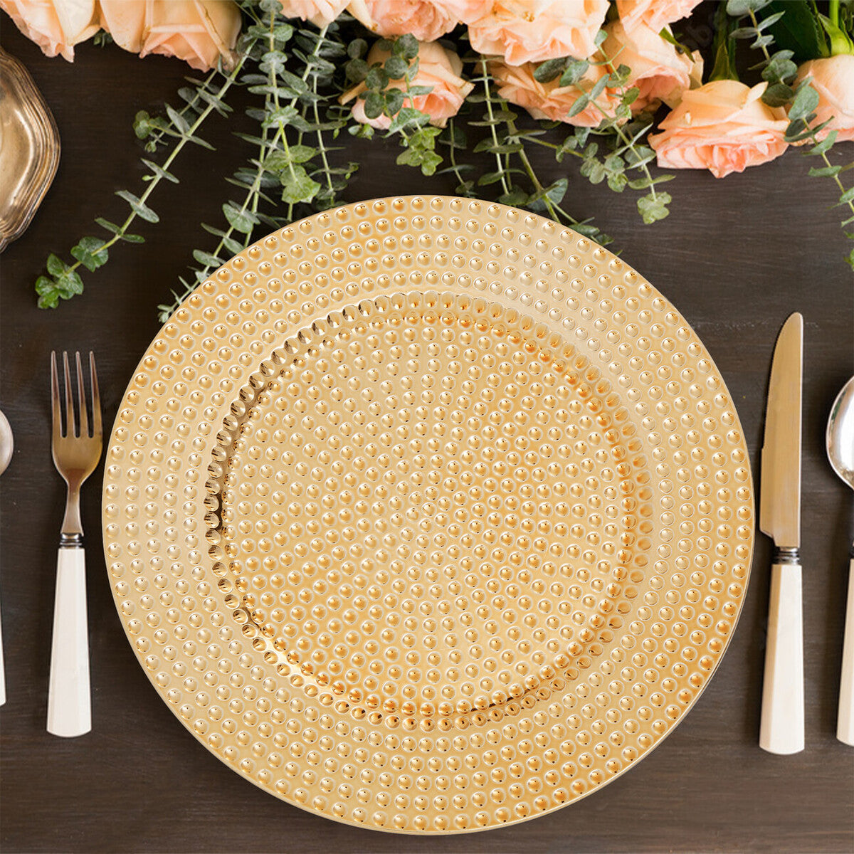 Set of Four 33cm Dia Gold Finish Hammered Charger Plates