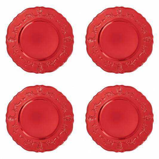 Set of Four 33cm Dia Red Finish Baroque Charger Plates