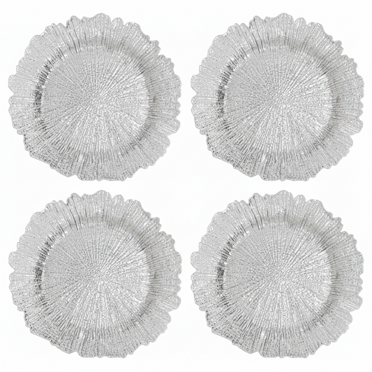 Set of Four 33cm Dia Silver Finish Reef Charger Plates