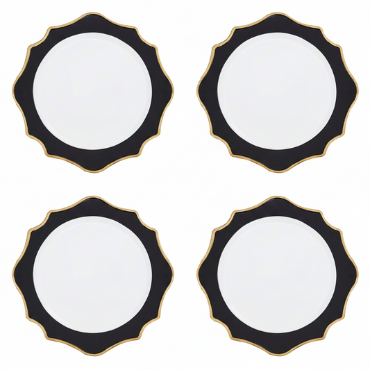 Set of 4 33cm Dia White and Black Round Charger Plates