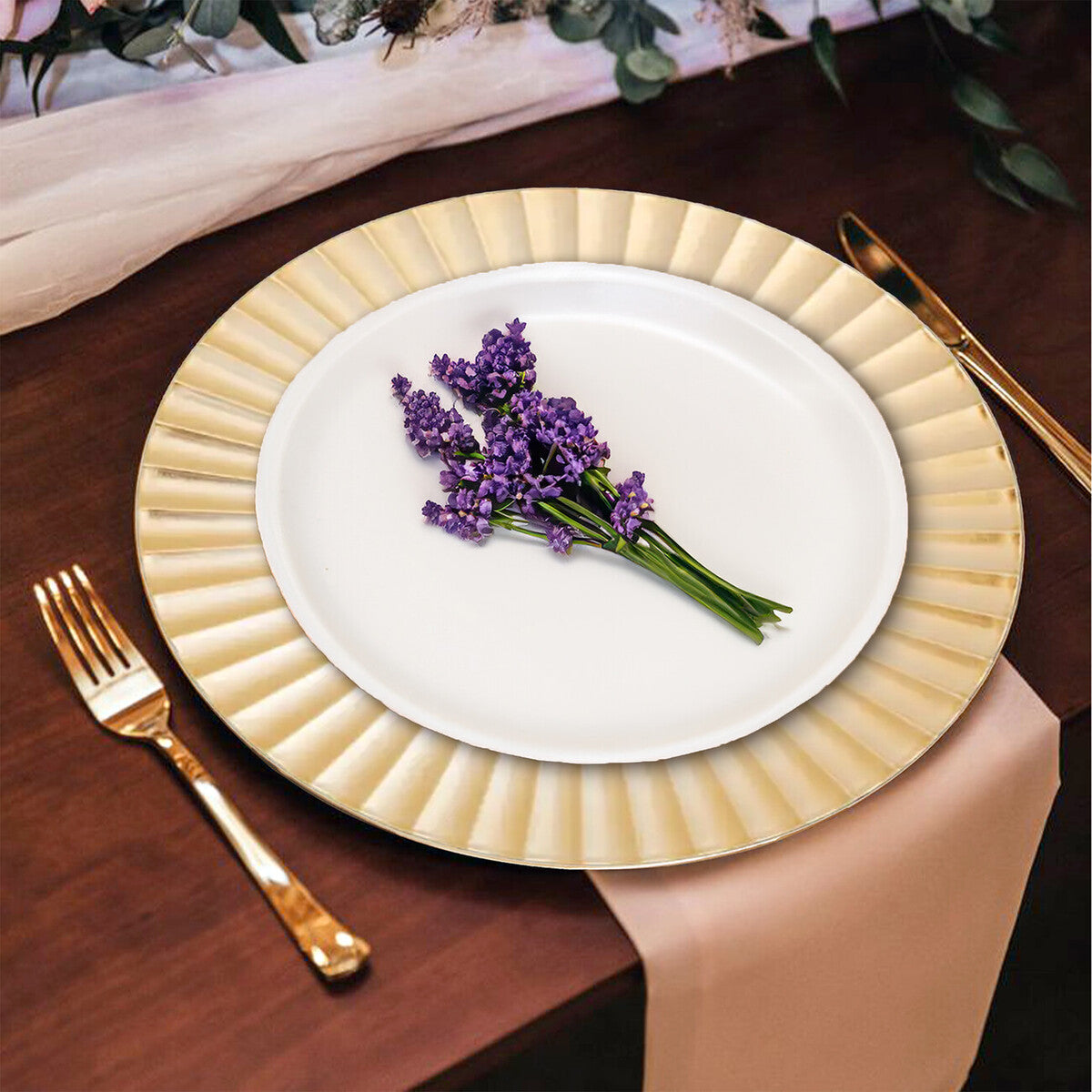 Set of Four 33cm Dia Gold Finish Wave Rim Charger Plates