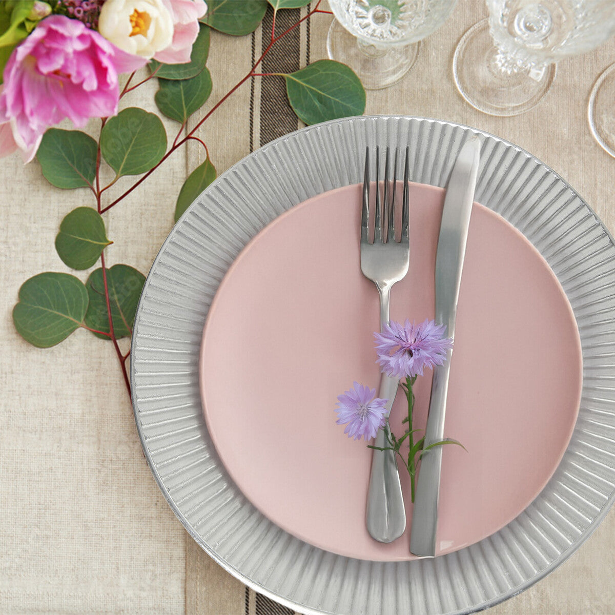 Set of Four 33cm Dia Redbud Silver Charger Plates